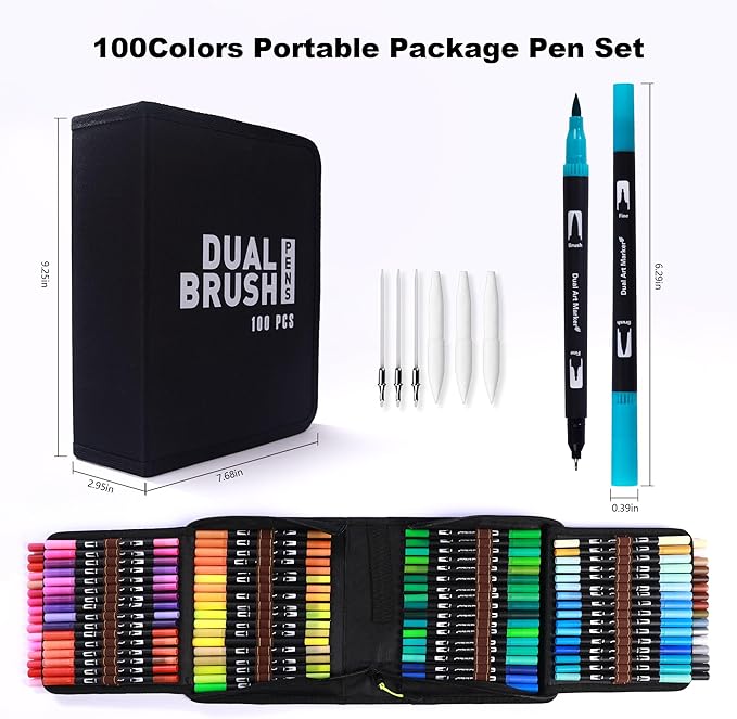Dual Markers Brush Pens, 100 Coloring Pens and Fine Tips – Premium Art Supplies for Kids & Adults, Perfect for Coloring Books, Hand Lettering, Calligraphy, and Drawing