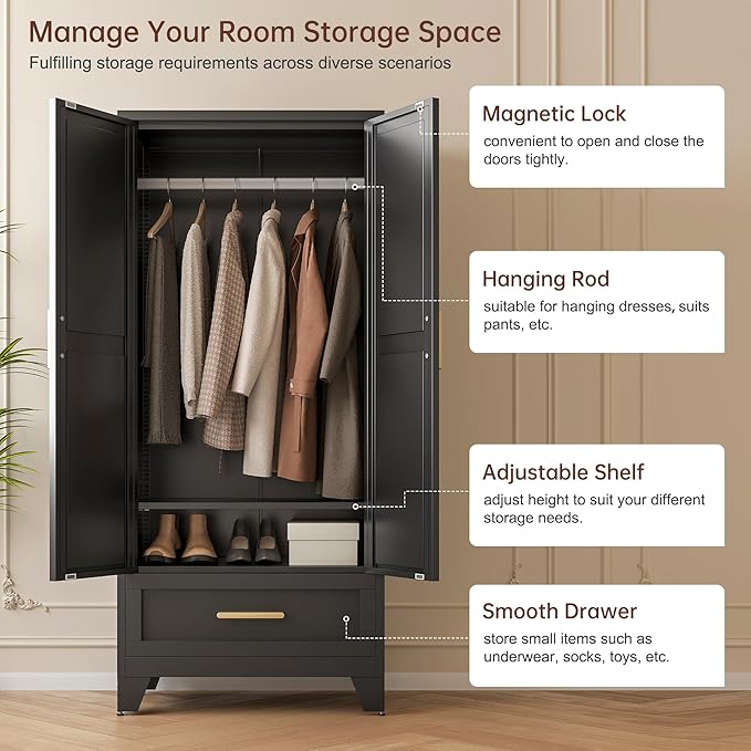 71" Tall Metal Wardrobe Cabinet with Drawer and Hanging Rod, 2 Doors Armoire Wardrobe Closet with Shelf for Bedroom, Office, Laundry Room, Black