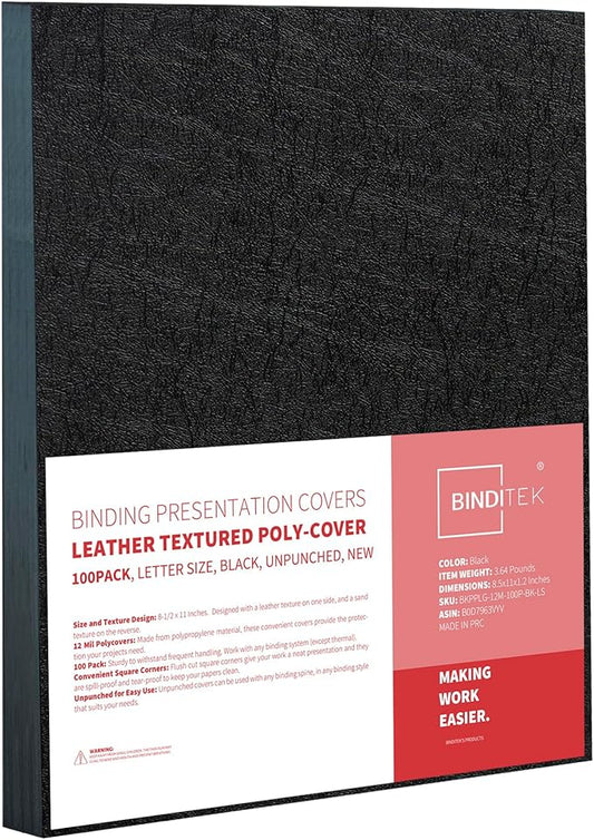 Binditek 100 Pack 12 Mil Leather-Textured Midweight Polycovers, Letter Size, Plastic Binding Presentation Back Covers, 8-1/2 x 11" Square Corners, Un-Punched, Black