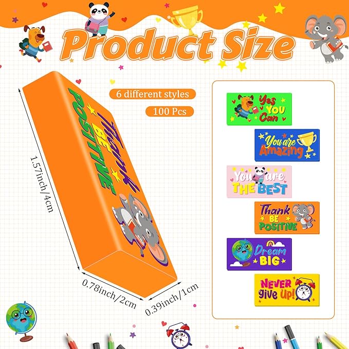 Cinrobiye 100 PCS Inspirational Pencil Erasers Bulk Motivational Cute Eraser Back to School Favor Goody Bag Filler Gifts for Students Classroom Office Teacher Prizes Reward School Supplies (Cute100)