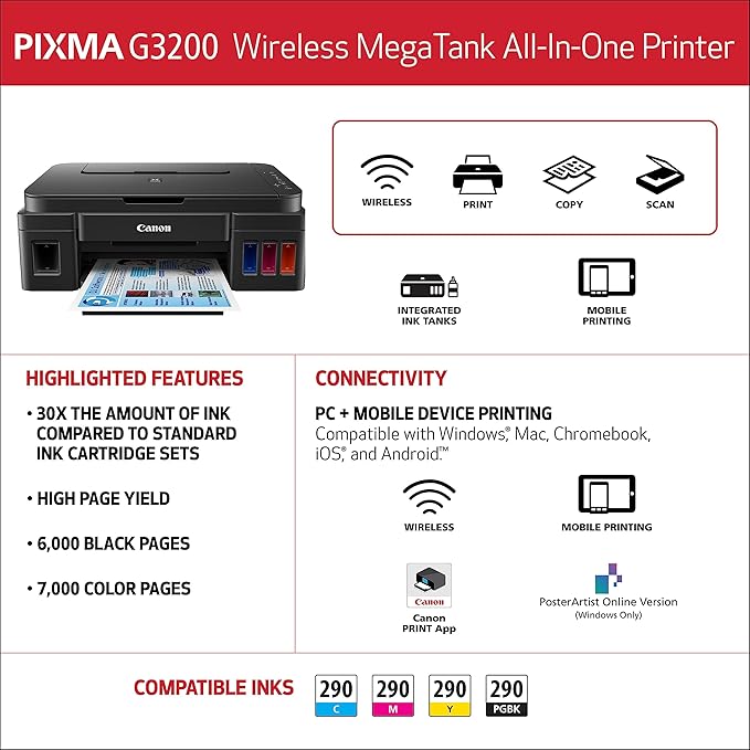 Canon G3200 All-In-One Wireless Supertank (MegaTank) Printer| Copier| Scanner| and Mobile Printing, Black, 6.5" x 17.6" x 13" (0630C002)