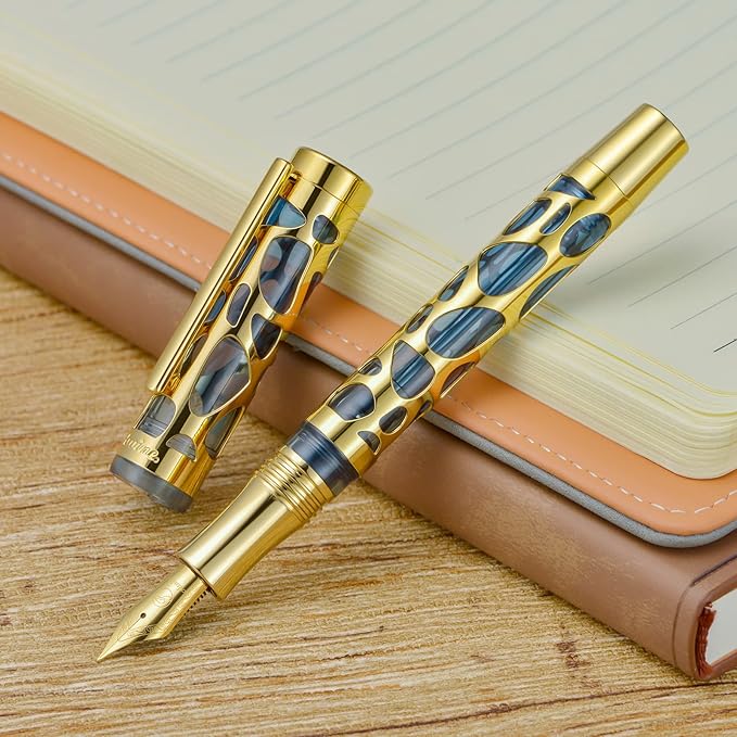 Asvine V169 Vacuum Filling Fountain Pen Medium Nib, Water Drop Skeleton Gold Trim Transparent Gray Blue Acrylic Pen Case Set
