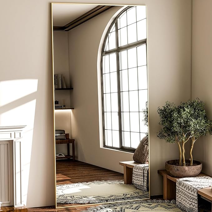 GLSLAND 71"x31" Full Length Mirror Extra Large Hanging or Leaning Rectangle Mirror Aluminum Alloy Thin Frame Bedroom Floor Dressing,Gold