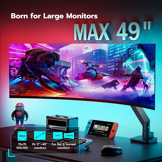 ARES WING Ultrawide Monitor Arm for 17 to 49 Inch Heavy Duty Curved Screen, Holds 44 Lbs, Adjustable Gas Spring Monitor Arm Desk Mount with C Clamp, Grommet Base, 75/100 Vesa Mount, Black