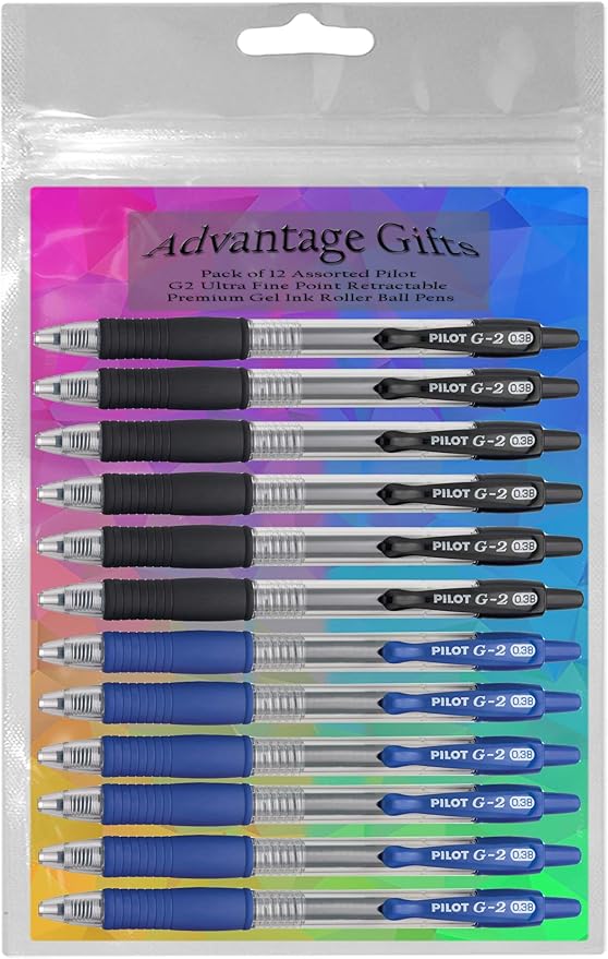 G2 Retractable Premium Gel Ink Roller Ball Pens Ultra Fine Point (.38mm) Black/Blue Ink 12 pack; Refillable & Premium Comfort Grip Bundle with Plastic Reusable Pouch
