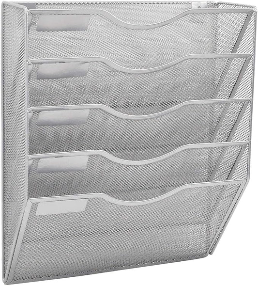 EASEPRES 5 Pocket Mesh Hanging Wall File Organizer, Wall Mounted Mail Paper Document Folder Holder, Clipboard Storage Organization Magazine Rack with Nametag Label for Office Home School, Silver