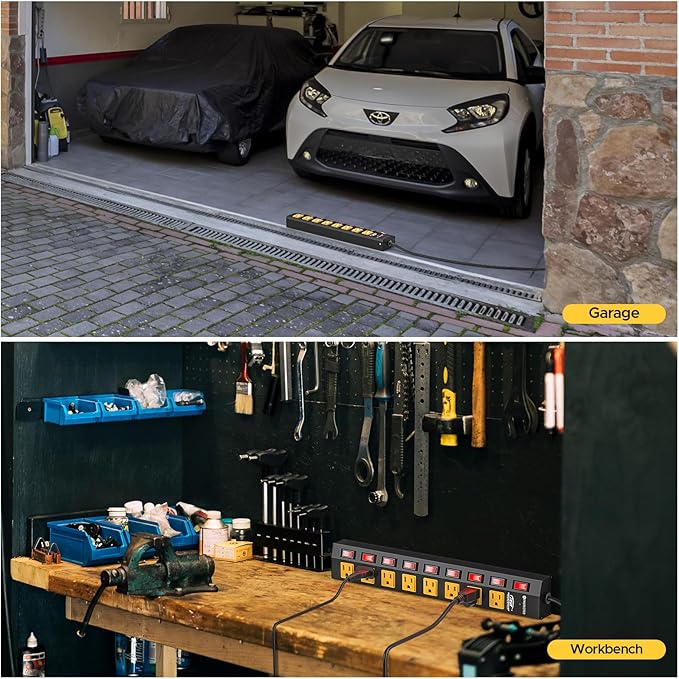 CRST 8 Outlet Heavy Duty Power Strip with Individual Switches, 15A/1875W Metal Power Strip Surge Protector with Circuit Breaker (1200 Joules), 6 FT 14AWG Extension Cord and Mounting Bracket