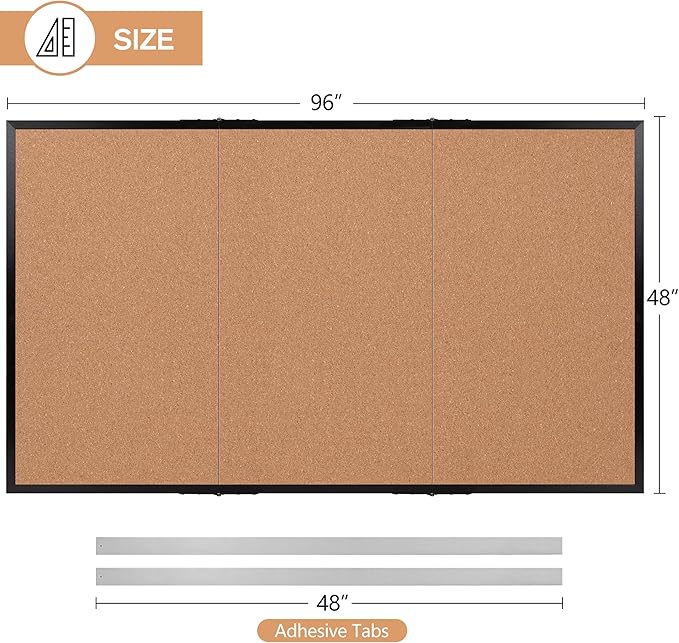 Board2by Extra Large Cork Bulletin Board 96" X 48", Foldable Notice Pin Board for Wall, Black Woodm Framed 8'x4' Corkboard, Wall Mounted Noticeboard with 32 Push Pins for School, Home & Office