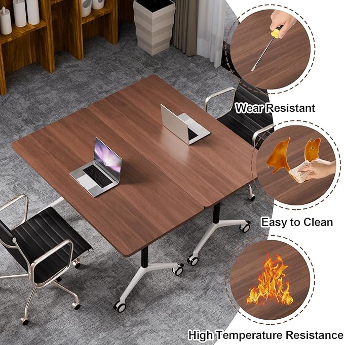 Folding Conference Table, Modern Large Conference Room Tables with Flip-Top Design, Foldable Conference Table Meeting Table with Wheels, Mobile Seminar Training Tables for Office Classroom (2, Brown)