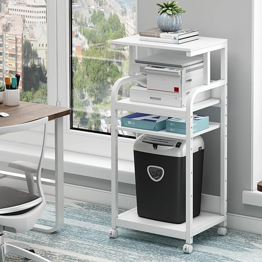 4 Tier White Printer Stand Table with Adjustable Shelves, Movable Printer Shredder Stand with Wheels for Home Office Storage and Organization, Rolling Cart for Computer Tower CPU