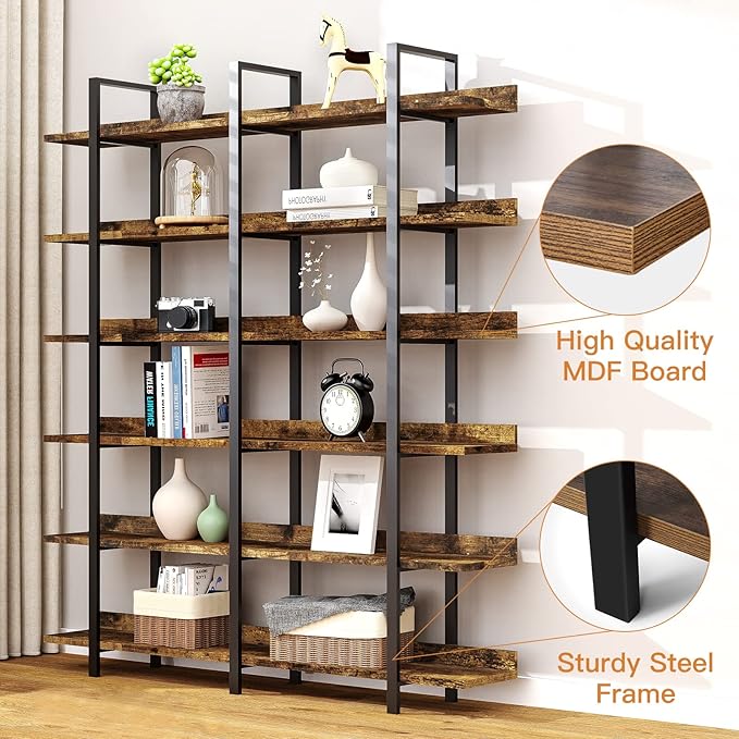FRAPOW 83Inch Industrial Bookshelf and Bookcase, Double Wide 6 Tier Large Vintage Book Shelf with Metal Frame Open Bookshelves for Living Room Home Office