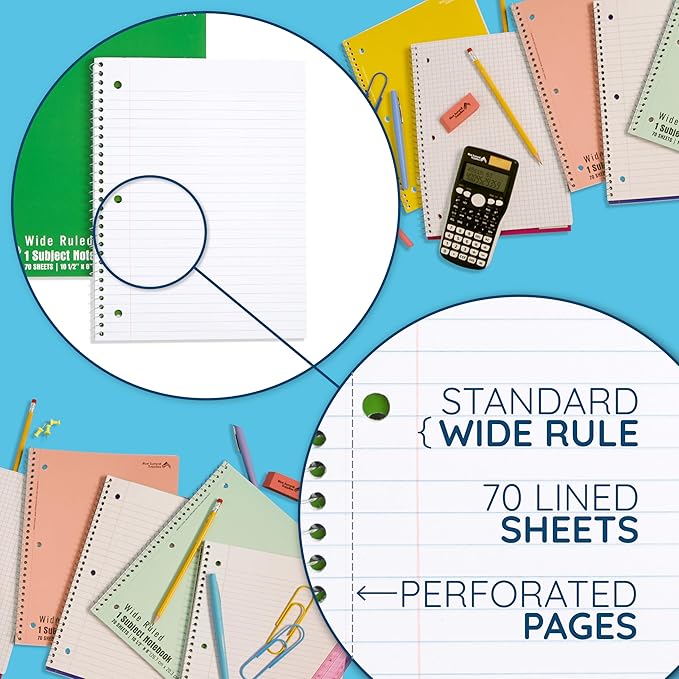 Blue Summit Green Wide Ruled Spiral Notebooks Bulk, 1 Subject Spiral Notebook Wide Ruled, Paper School Bulk Notebooks, 48 Pack