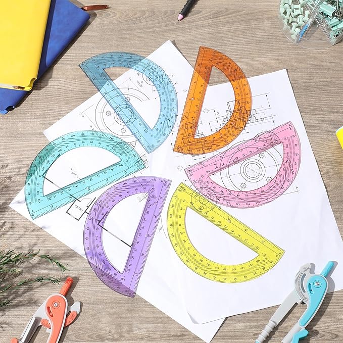 Chengu 12 Set Compass and Protractor Set, Multicolor Compass Geometry Tool 6 Inch 180 Degree Translucent Protractors for Geometry, Math Graphing Drawing Tools for Office and School Supplies