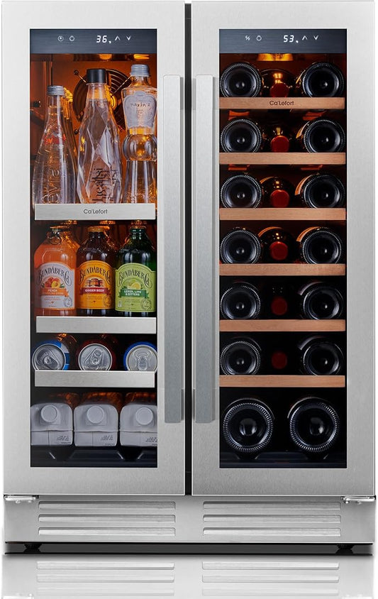 Ca'Lefort 24 Inch Wine and Beverage Refrigerator - 60 Can and 20 Bottle Wine Fridge Dual Zone 36-72°F, 3 LED Beverage Cooler Built in or Freestanding, Perfect for Home/Kitchen(4.10 cu.ft)