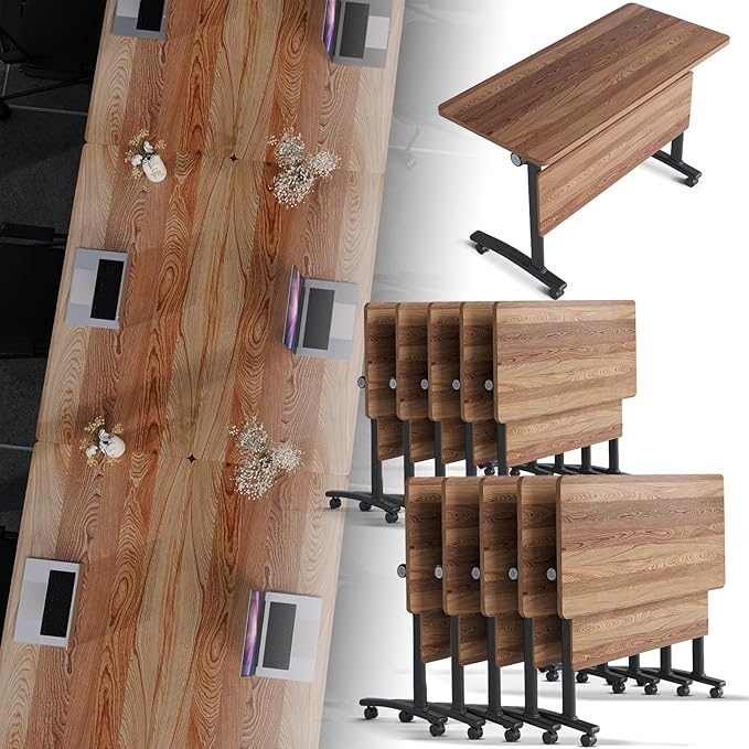 Folding Conference Room Table, Modern Conference Tables with Silent Wheels, Large Rectangular Mobile Training Tables for Office Classroom, Foldable Modular Boardroom Seminar Table (10pack L55.1in)