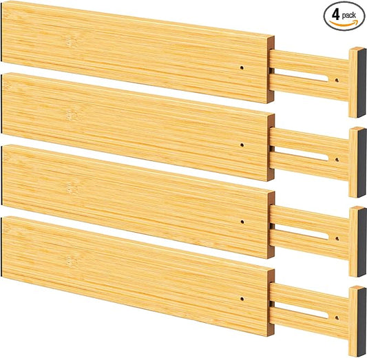 BAMBUROBA Bamboo Drawer Dividers, Adjustable Organizer for Kitchen & Bedroom, Expandable 17-22" Drawer Separators, 4-Pack