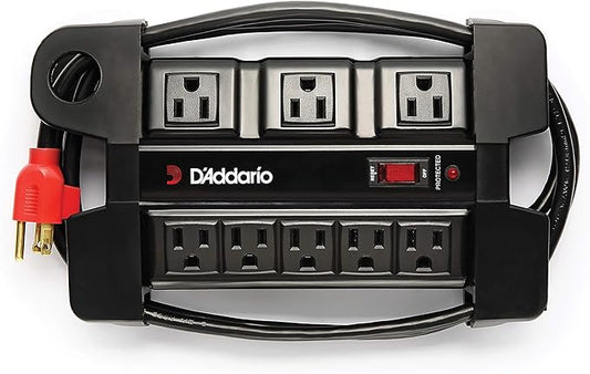 D'Addario Accessories Tour-Grade Power Base - Base Protector - Stage Power Strip with 6 ft Cable - 5 Standard and 3 Transformer- Guitar Amp Outlet - Music Surge Protector with Indicator Light