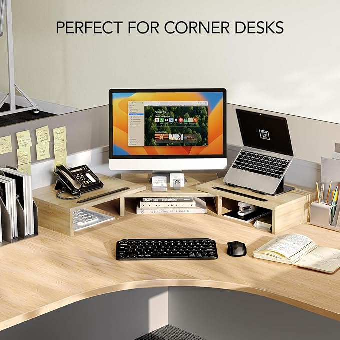 AMERIERGO Dual Monitor Stand Riser- 3 Shelf Screen Stand with Adjustable Length and Angle, 2 Extra Functional Slot Desktop Organizer Stand for PC, Computer, Laptop (Light Wood)