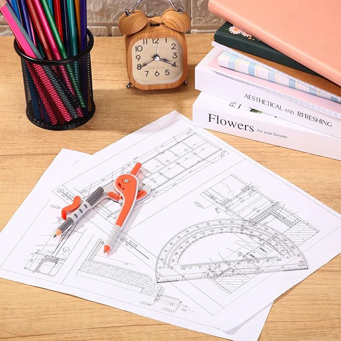 EBOOT Student Geometry Math Set, Drawing Compass and 6 Inch Clear Swing Arm Protractors 180 Degree Math Protractor(Watermelon Red)