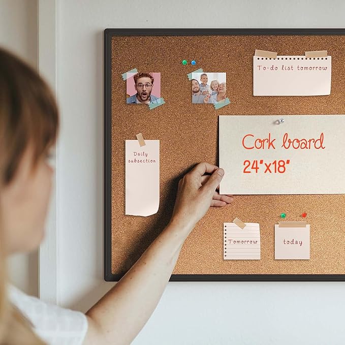 Board2by 2-Pack Cork Board Bulletin Board 24 x 18, Black Aluminium Framed Corkboard, Office Board for Wall Cork, Large Wall Mounted Notice Pin Board with 32 Push Pins for School, Home & Office