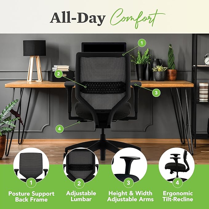 HON Solve Task Chair, Ergonomic Office Chair Mesh Back Support, Adjustable Lumbar, with Wheels, Height-Adjustable Arms, for Computers, Desks, Home Office, Black