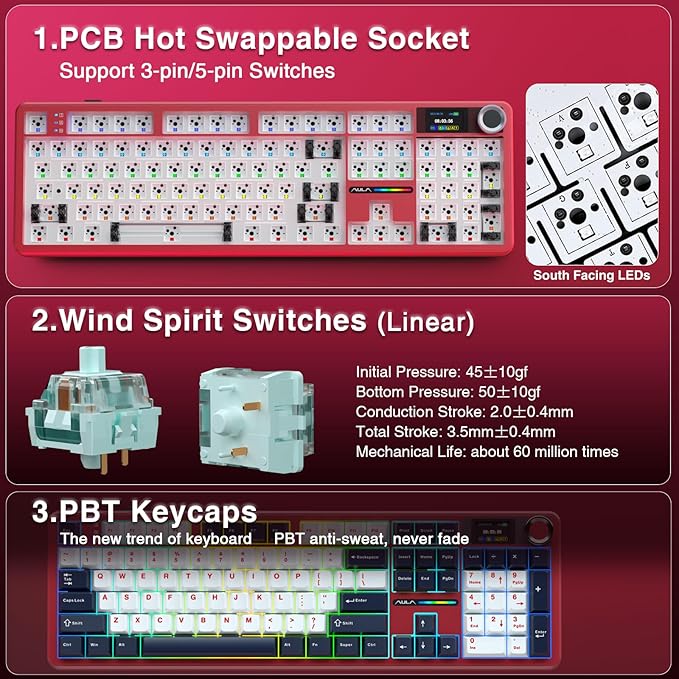 AULA F108 PRO - Wireless Mechanical Keyboard with Screen&Knob,Hot Swappable Gaming Keyboard with 8000mAh Battery,Pre-lubed Switches,RGB Backlit,PBT Keycaps Creamy Sounding Computer Keyboards,104 Keys