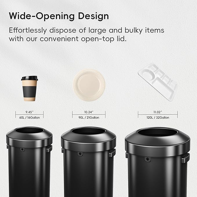 EKO Urban 32 Gallon Round Black Stainless Steel Open Top Waste Bin, Tall Commercial Trash Can for Indoor/Outdoor, Extra Large Metal Garbage Bin for Office, Restaurant, Restroom,120L