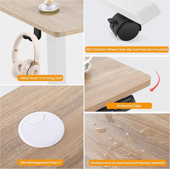 Himimi Electric Standing Desk 48 x 24 inch for Home Office,Sit-Stand Adjustable Desk with Memory Presets,Height Adjustable Desk for Gaming/Working,Free Hook, Lockable Wheels,Oak