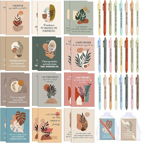 24 Set/48 Pcs Positive Affirmation Gift Set Gratitude Notebooks with Pens Small Bags Motivational Encouragement Notepads Daily Affirmations Journal for Women Stress Relief Self Care (Plant)