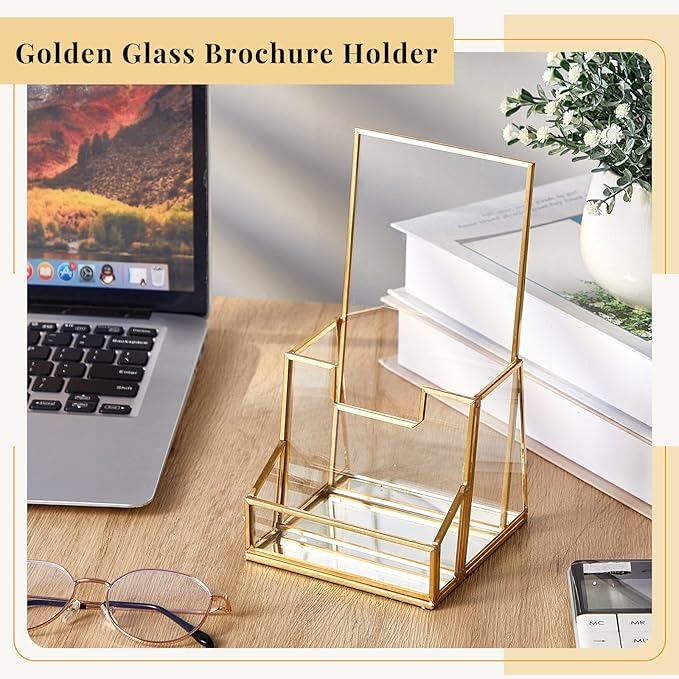 2 Pcs 4 Inches Gold Glass Brochure Holder Countertop Literature Trifold Pamphlet Stand with Business Name Card Holder Flyer Brochure Display for Magazine, Booklets, Menu, Journals Display