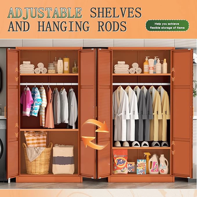 Greenvelly Metal Storage Wardrobe Cabinet, 72" Brown Metal Wardrobe Closet for Hanging Clothes with Doors and Shelves, Modern Steel Clothes Closet for Home, Office and Bedroom, School,Gym