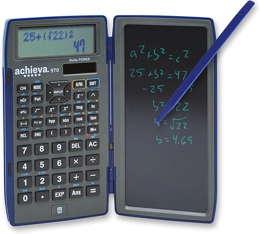 Achieva Scientific Calculator with Erasable LCD Writing Tablet | 2-Line Display | Dual Solar & Battery Power | for Students in Middle School, High School (970)