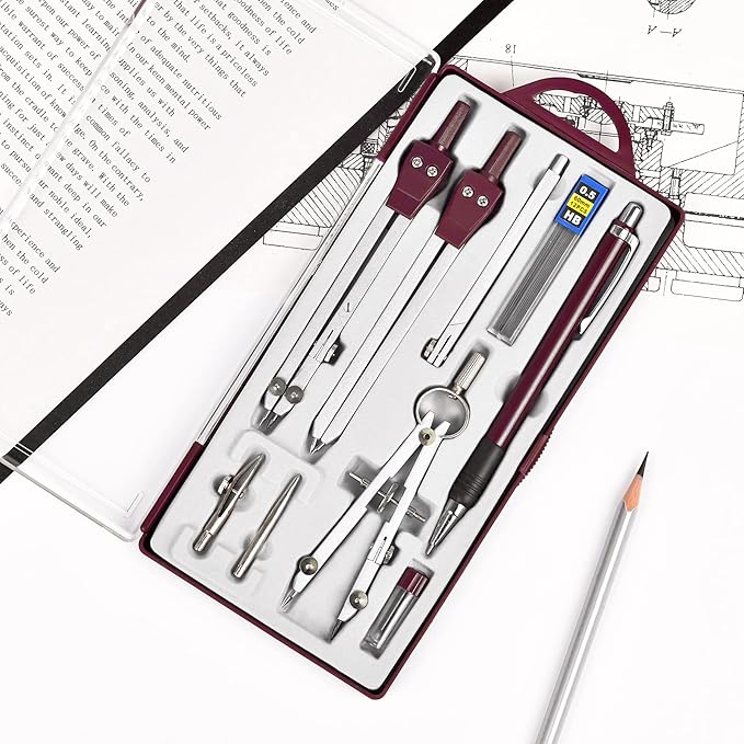 9Pcs Precision Geometry Set Metal Compass, Geometry Tool Tool Set with Shatterproof Storage Box, Circle Drafting Tool and Architecture, Drafting Kits for Engineers Students (Brown)