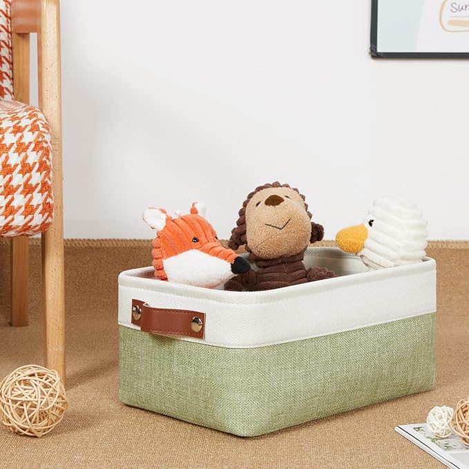 DULLEMELO Storage Baskets for Shelves, Small Fabric Collapsible Rectangular Storage Baskets for Organizing, Closets, Nursery, Home, Office, Empty Gift Baskets (6-Pack, White&Green)