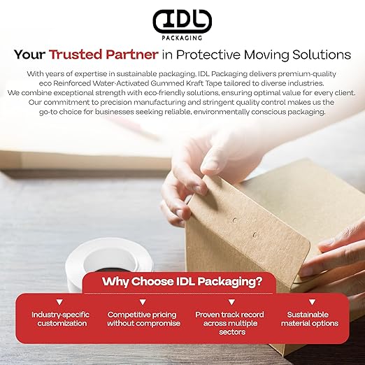IDL Packaging 2.83" x 450 feet Reinforced Water-Activated Kraft Gummed Tape 30lb Thickness (Pack of 10) - Secure Paper Packing Tape for Secure Carton Sealing - Heavy-Duty for All Conditions, White