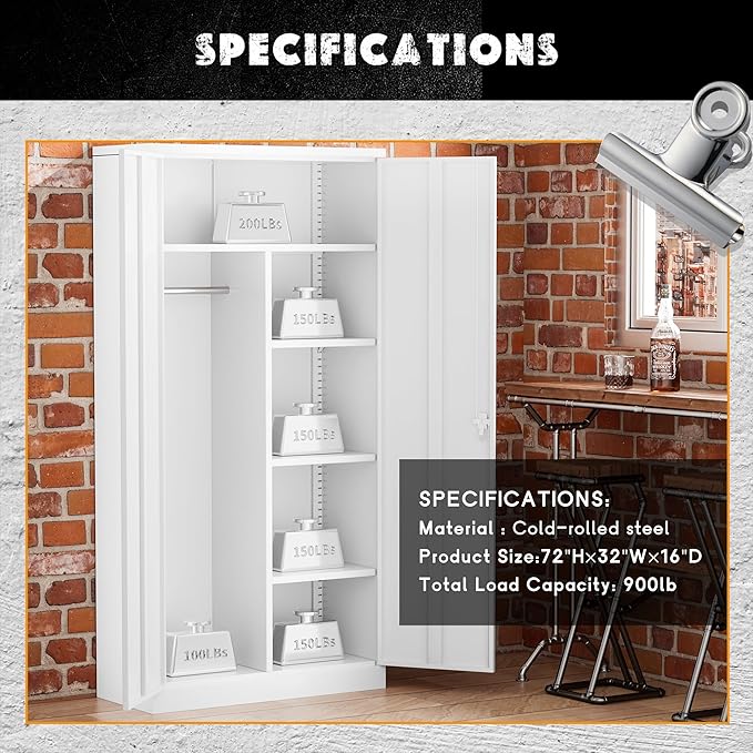 Greenvelly Metal Storage Cabinet with 2 Doors, White 72” Steel Storage Wardrobe Cabinet, Employees Locker Closet Clothing Coat Steel Wardrobe Cabinet with Hanging Rod for Garage, Gym, Home Office