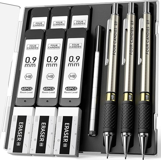 Four Candies Metal Mechanical Pencil Set - 3PCS 0.9mm Art Mechanical Pencils & 360PCS HB Lead Refills & 3PCS Erasers & 9PCS Eraser Refills, Drawing Mechanical Pencils for Writing, Sketching/With Case