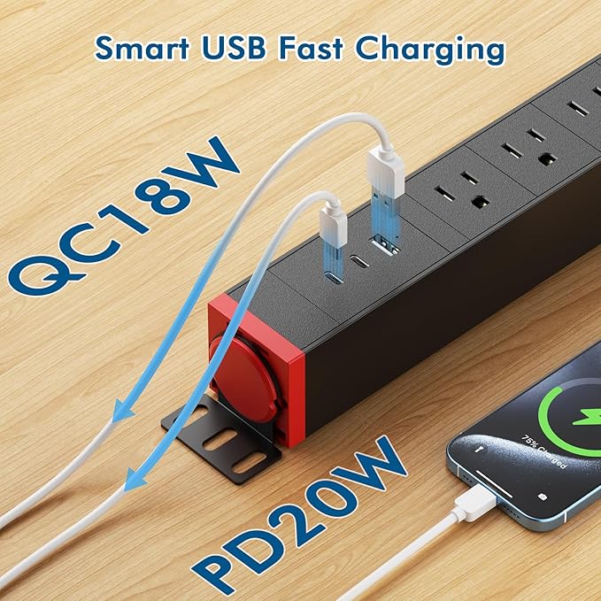 8 Outlet Surge Protector Power Strip,360° Rotatable Mounting,PD 20W USB C Fast Charging, Mountable Powerstrip Metal with 5FT Colied Cord for Home Office Industrial Garage Commercial
