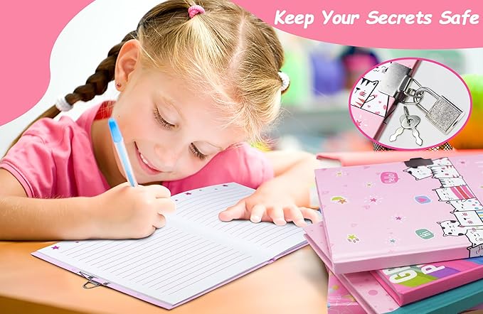 Cat Diary with Lock for Girls, 7x5.25 Inches 160 Lined Pages Secret Kids Diary Cute Cats Journal with Lock and Keys Notebook for Girls Birhtday Gifts for 5-10 Years Old