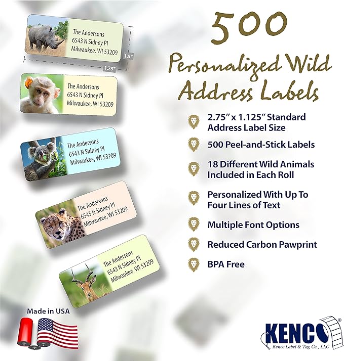 Customized Personalized Address Labels - Made in The USA by Kenco (Wild Animals, 500 Labels)