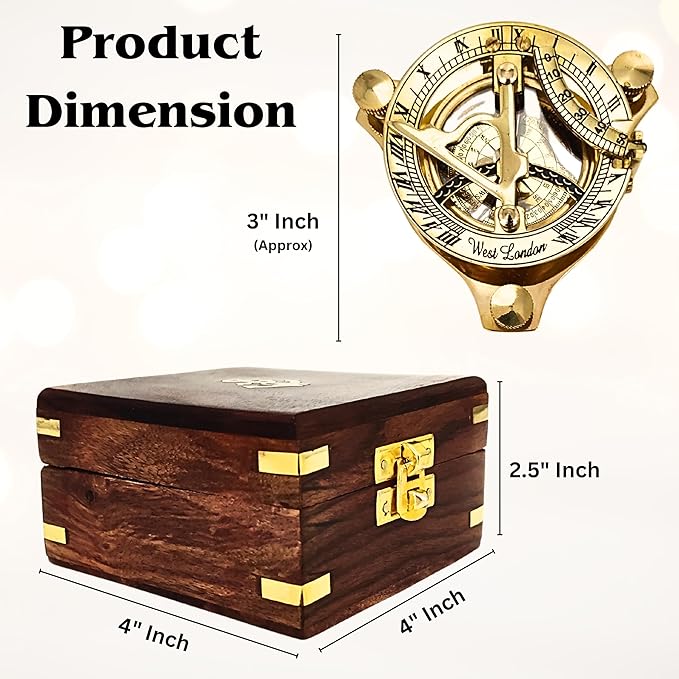 Antique Brass & Copper Sundial Compass, Sundial Clock in Box Gift Sun Clock Ship Replica Watch, Nautical Gifts for Men, Unique Nautical Decor, Naval Maritime Sundial (#4 Golden Sundial)