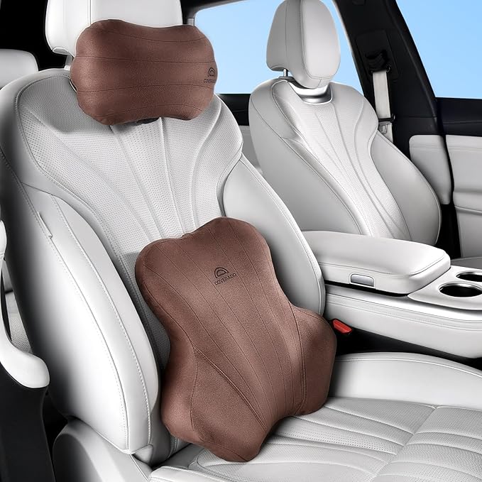Coverado Car Lumbar Support Pillow and Car Neck Pillow Kit, Ergonomic Design Car Headrest Pillow for Driving, Relax Back Head Muscles Relieve Driving Fatigue, Breathable & Removable Cover, Coffee