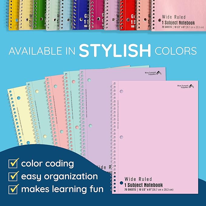 Blue Summit Pastel School Notebooks, 1 Subject Notebooks for School Wide Ruled, 6 Pack