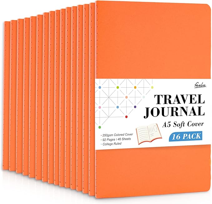 feela 16 Pack Soft Cover Journal Bulk, Lined Notebooks College Ruled for Work for Women Girl Writing, Blank Travel Journal Note Taking Notebook School Business Supplies, 8.2” x 5.5”, A5, Orange