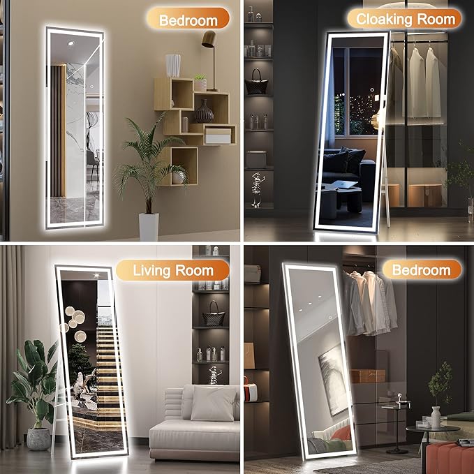 Hasipu Full Length Mirror with Lights, 65" x 21.7" LED Floor Mirror, Full Body Dressing Standing, Hanging Mounted Mirror for Living Room Bedroom Cloakroom, Square White