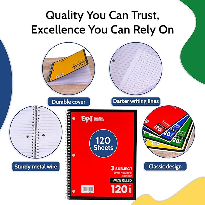 EPI Spiral Notebook | 3 Subject - Wide Ruled - 120 Sheets, Durable Spiral Binding | 10.5 x 8 in | Classroom Supplies | School, Office, Note Taking, Journaling - 24 Pack