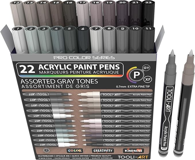 Acrylic Paint Pens 22 Gray Tones Assorted Pro Color Series Markers Set 0.7mm Extra Fine Tip for Rock Painting, Glass, Mugs, Wood, Metal, Canvas, Projects, Non Toxic, Waterbased, Quick Drying