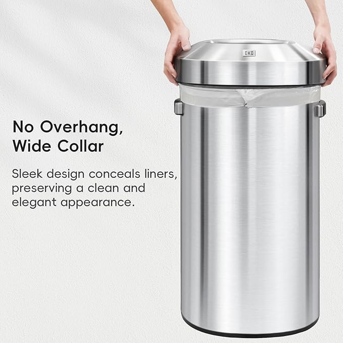 EKO 32-Gallon Round Stainless Steel Open Top Trash Can, Large Commercial Waste Bin with Detachable Lid and Carrying Handle, Brushed Metal Garbage Bin for Home, Office, Restaurant, Restroom
