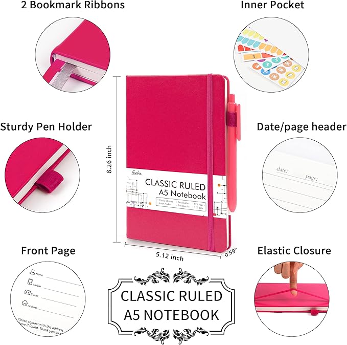 feela 3 Pack Notebooks Journals Bulk, Hardcover Notebook Classic Ruled Lined Journals with Pen Holder for Women Girls School Business Supplies, with 3 Black Pens, 120 GSM, 5.1”x8.3”, A5, Berry