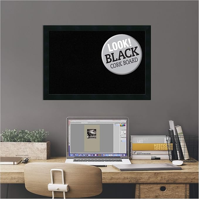Amanti Art Black Cork Board for Wall, 18x26 Vision Board with Black Wood Frame, Medium Corkboard Office Decor for Home Organization, Modern Contemporary Corkboard Pinboard to display items for home